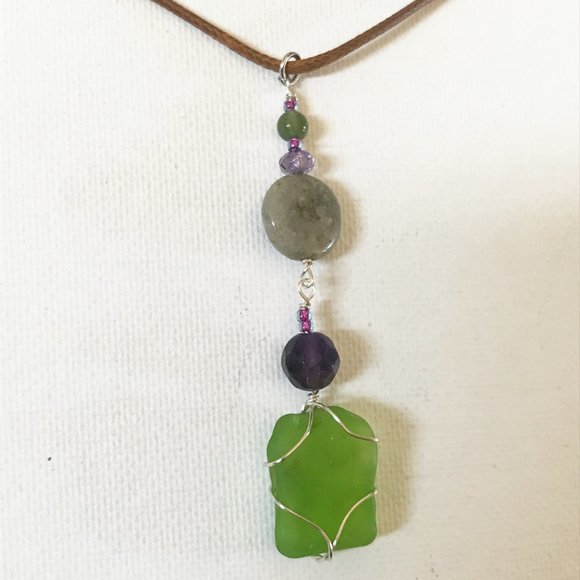 Emerald Sea Glass Brazilian Amethyst Labradorite Jasper Necklace Ocean Surf Boho - Picture 3 of 4